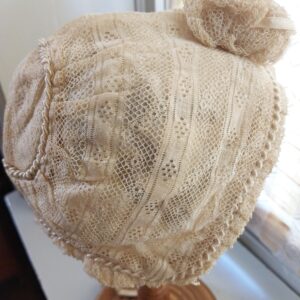 Victorian Baby Doll Bonnet Lace Accent Trim Rosette Ribbon Braid