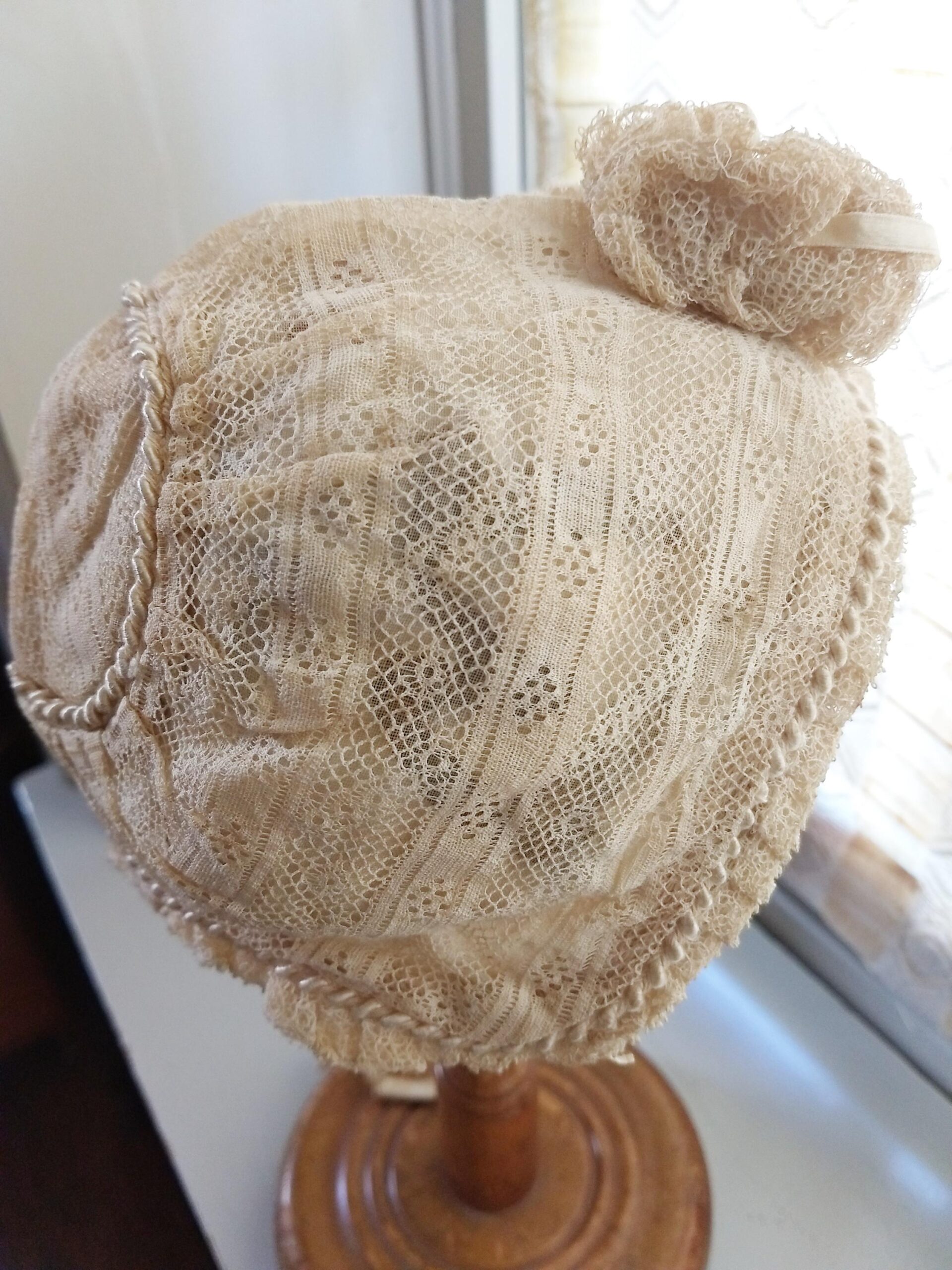 Victorian Baby Doll Bonnet Lace Accent Trim Rosette Ribbon Braid