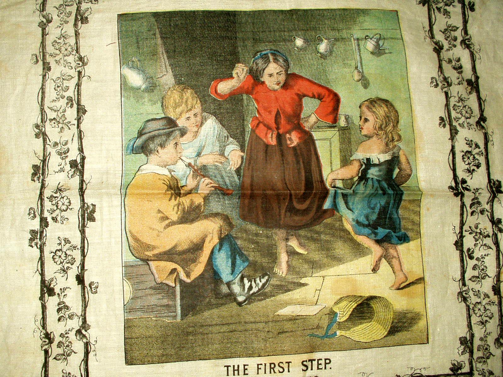 Vintage 1880 Handkerchief Chromolithograph Printed Children Hanky Learning To Dance