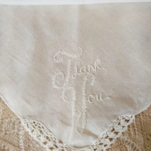 Vintage Embroidery Thank You Handkerchief Crochet Edge Corner Hanky