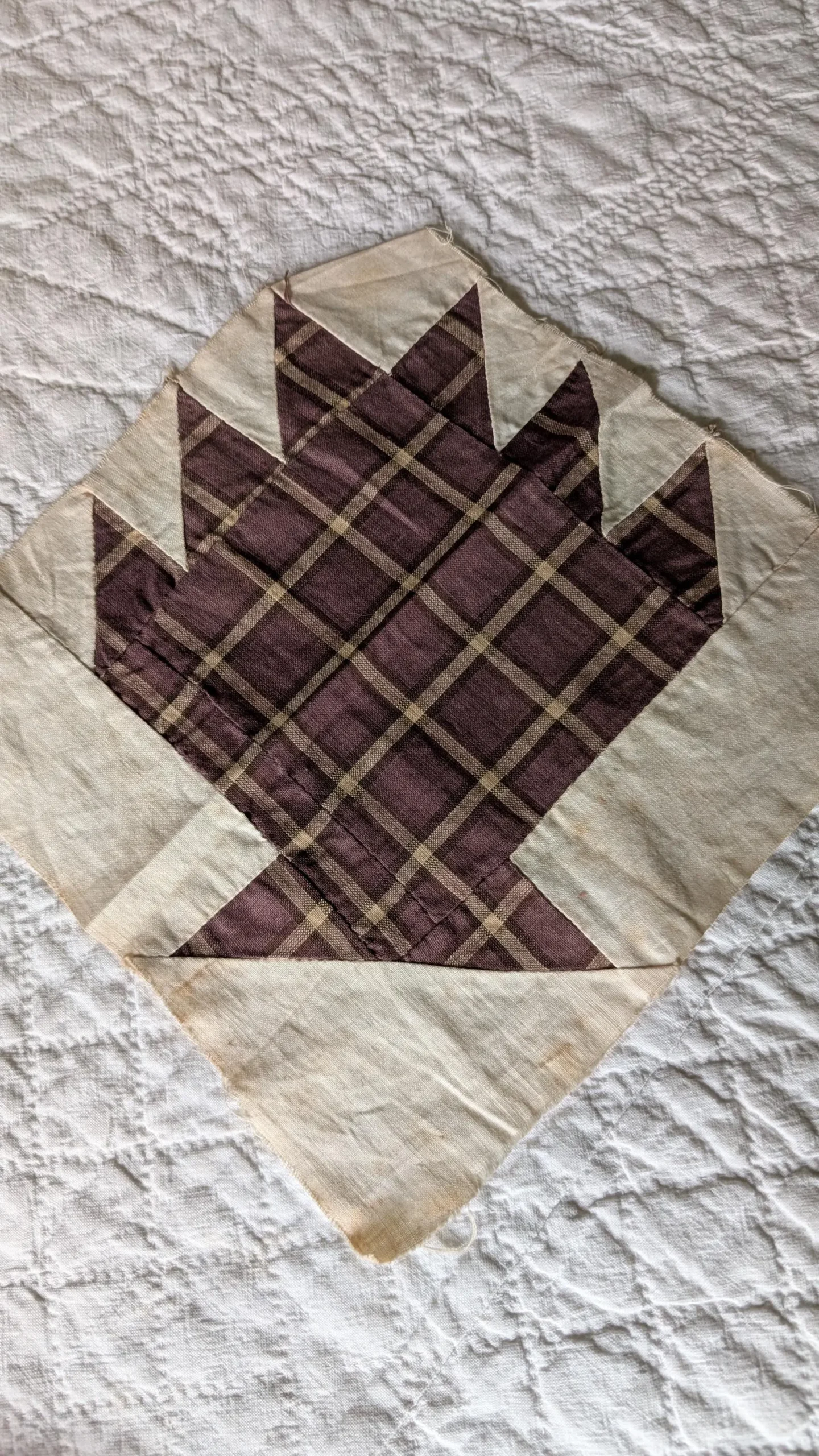Single Quilt Block Bear Claw Pattern Motif 1900 Hand Stitched Muslin Brown Plaid Fabric
