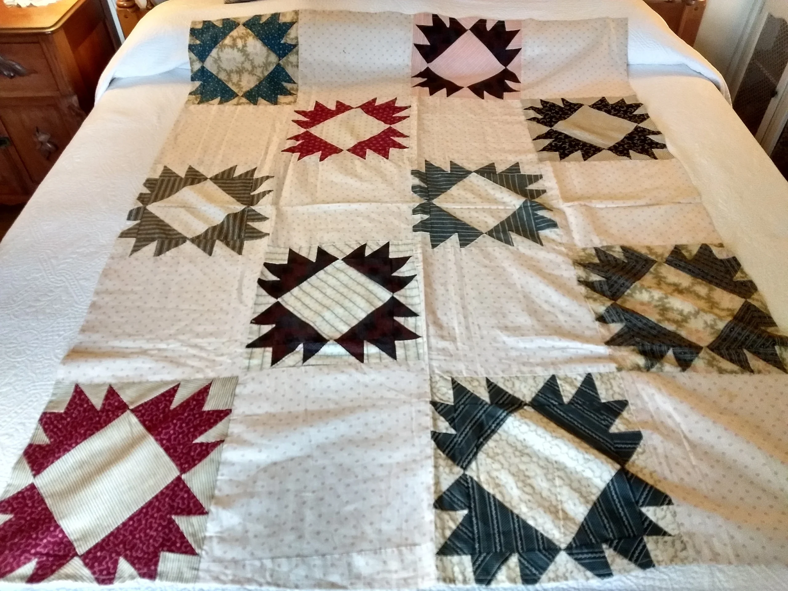 Hand Stitched 1920 Calico Delectable Mountain Quilt Top Cadet Blue Maroon Black