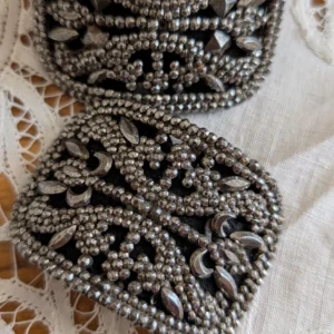 Antique French Cut Steel Shoe Buckles – Late Victorian / Edwardian Era, White Kid Leather Backing