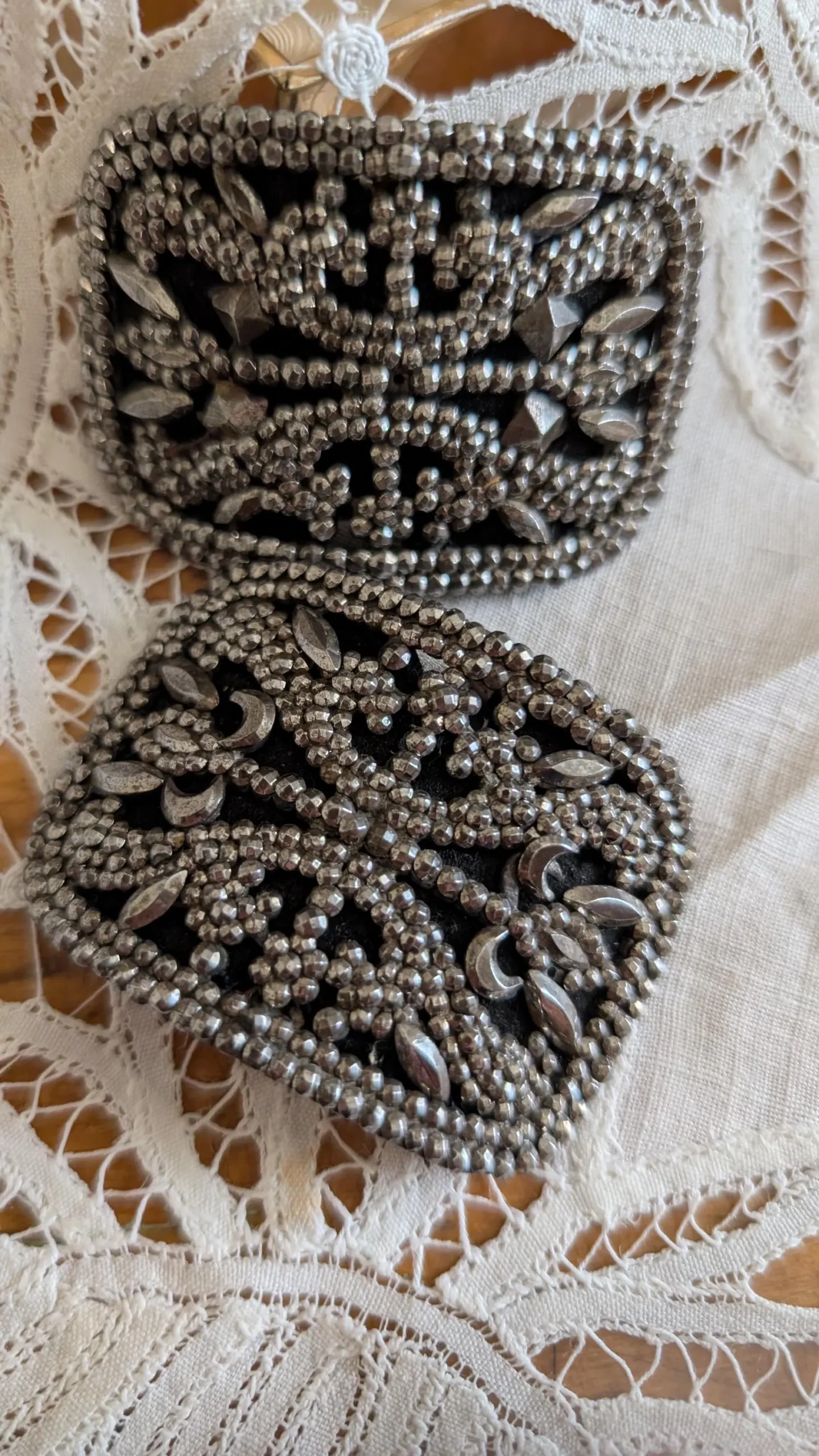 Antique French Cut Steel Shoe Buckles – Late Victorian / Edwardian Era, White Kid Leather Backing