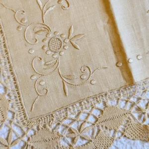 Linen Tray Doily 3 Piece Set Vintage 1930 Hand Embroidery Bobbin Lace Trim