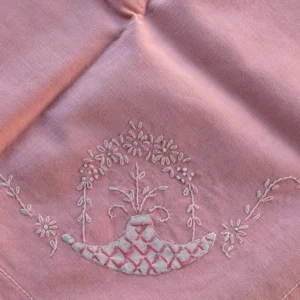 Pink Vintage Embroidered Applique Tablecloth Topper Luncheon Cloth Napkins