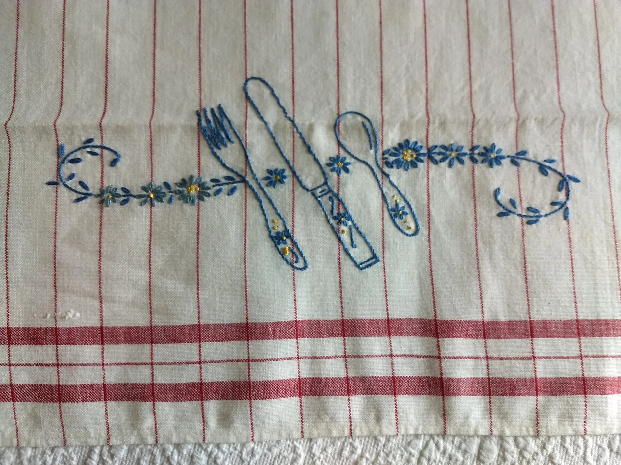 Embroidery Kitchen Towel 1940s Red Stripe Embroidery Silverware 1950s