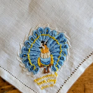 Vintage Madeira Hand Embroidered Peacock Cocktail Napkin 1940s–1950s Mid Century