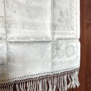 Victorian Damask Towel Fringe Poppy Flower White Linen 1880s Unused