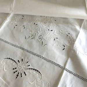 Antique Pillow Sham Layover White Linen Cutwork Drawnwork Embroidery Flower Motif 1900's