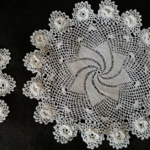2 Irish Crochet Doily Vintage Table Linens Swirl Crochet Lace Center Rosette Border