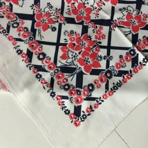 Vintage Floral Tablecloth 1950's Kitchen Linens Red Black Flowers Trellis