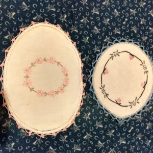 2 Cloth Trivet Covers Embroidery Hot Pad Holders Vintage 1930's Flowers Crochet Trim
