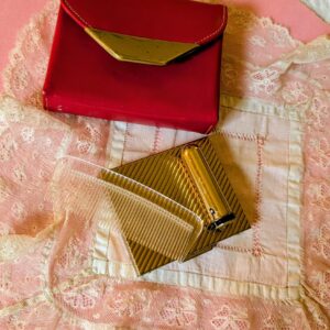 Vintage 1950s Britemode Red Leather Compact Clutch w/ Hazel Bishop Lipstick, Powder Puffs & Comb