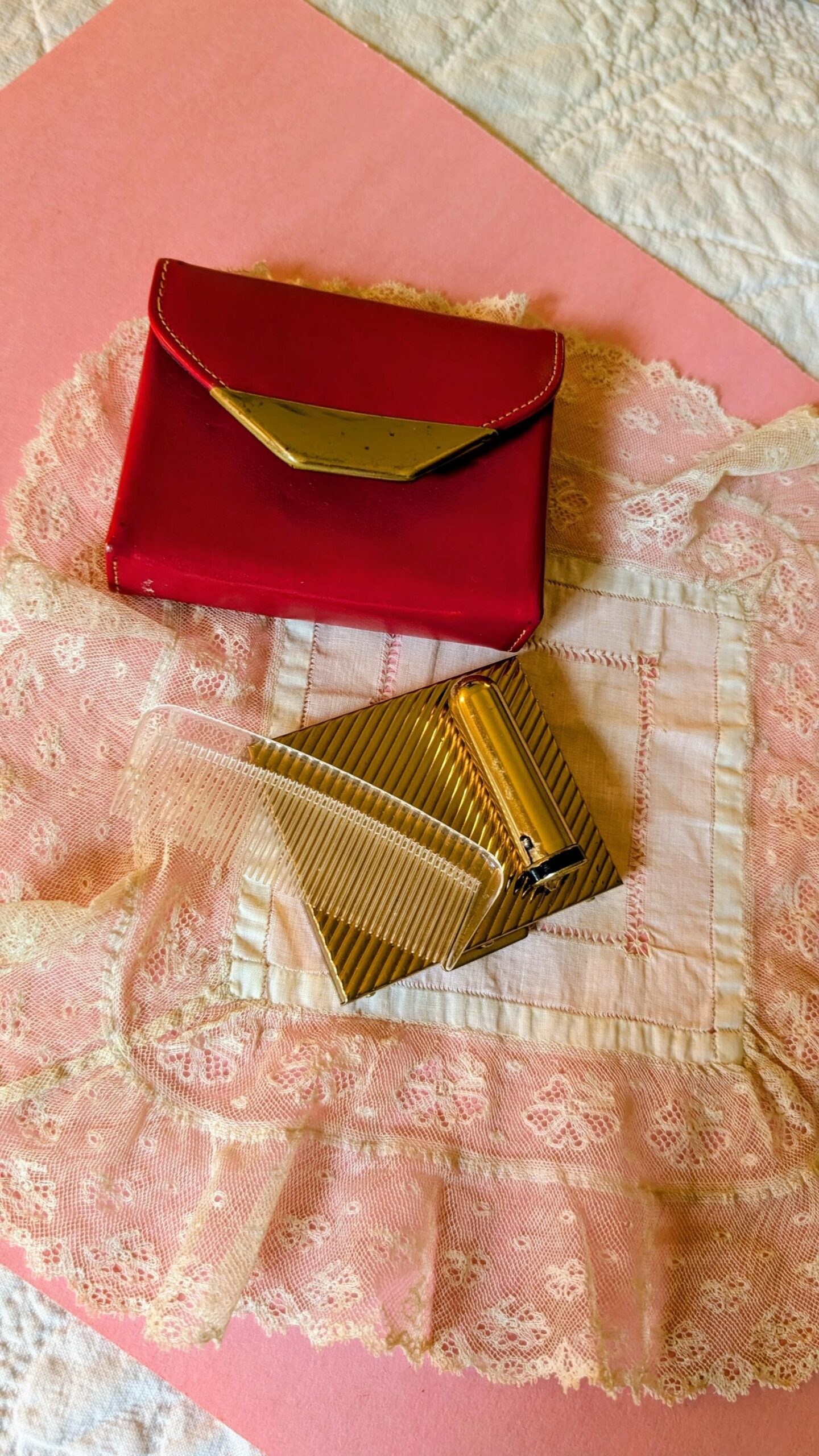 Vintage 1950s Britemode Red Leather Compact Clutch w/ Hazel Bishop Lipstick, Powder Puffs & Comb