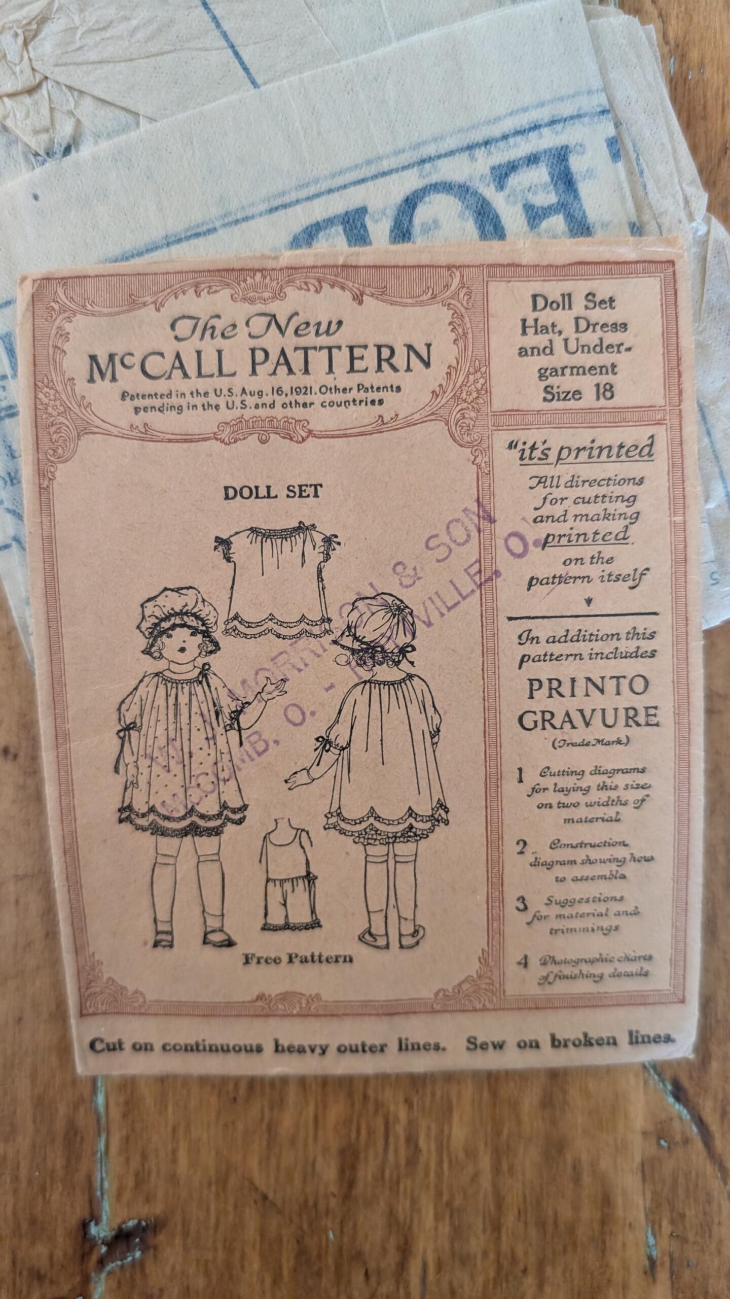 Antique McCall Doll Pattern Dress Bonnet Underwear Vintage 1921