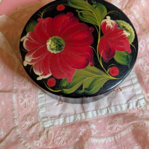 Vintage 1970s–80s Black Lacquer Box • Hand-Painted Eastern European Floral • Folk Art Trinket Case