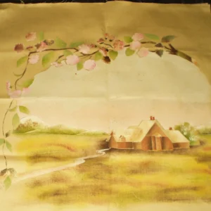 Victorian Pillow Top Chromo Lithograph Printed Farm Under The Old Apple Tree Antique 1900's