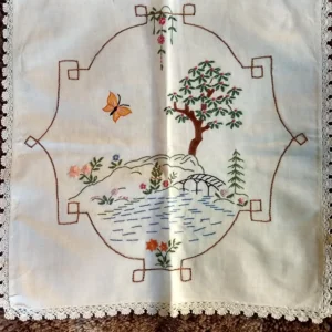 1920 1930 Embroidered Throw Pillow Cover Asian Tree Bridge Water Butterfly Theme