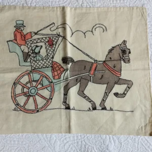 Vogart Horse Carriage Embroidery Tinted Pillow Cover Vintage 1930's 1940's