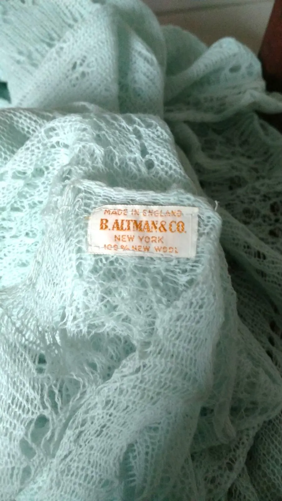 Vintage Wool Knit Baby Shawl Blanket Altman NY Made In England Tag Label