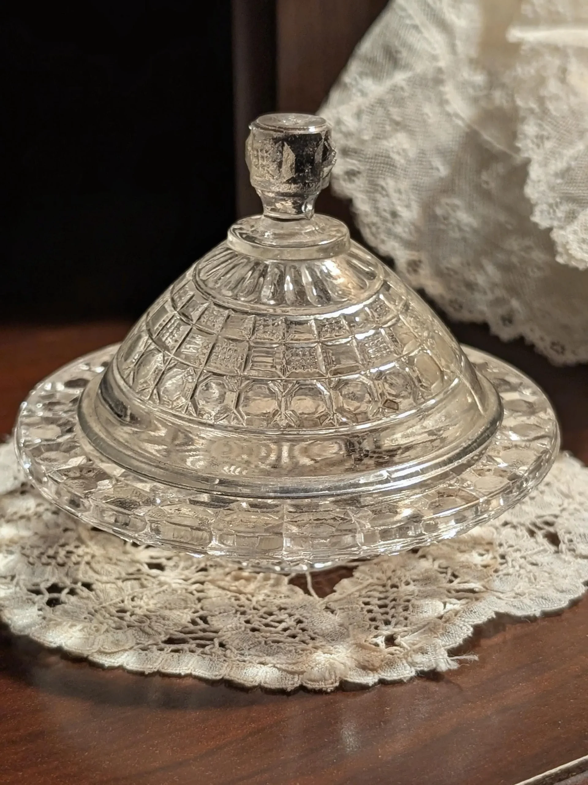 Clear Toy Butter Dish Tappan Pattern Glass Child Play Victorian 1900's McKee