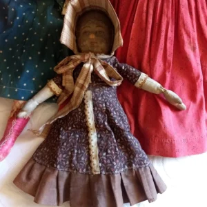 Bruckner Doll Cloth Rag Antique Vintage 1900s Primitive Calico Dress Bonnet