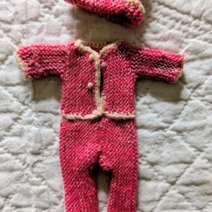 Hand Knit Doll Suit Leggings Hat Red & White Wool Yarn Vintage 1920's