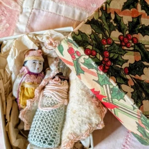 1920s Miniature Japan Jointed Bisque Doll, Glass Baby Bottle & Wool Bib in Christmas Box