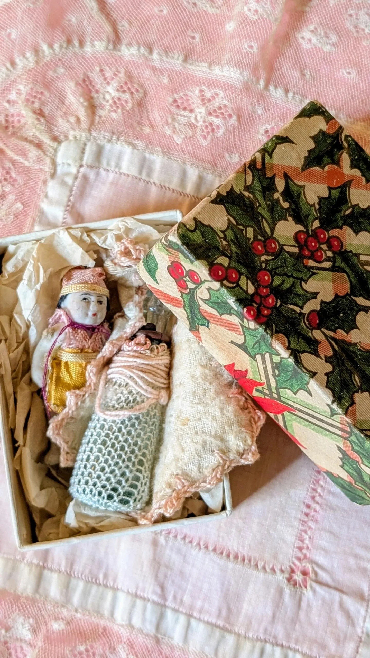 1920s Miniature Japan Jointed Bisque Doll, Glass Baby Bottle & Wool Bib in Christmas Box