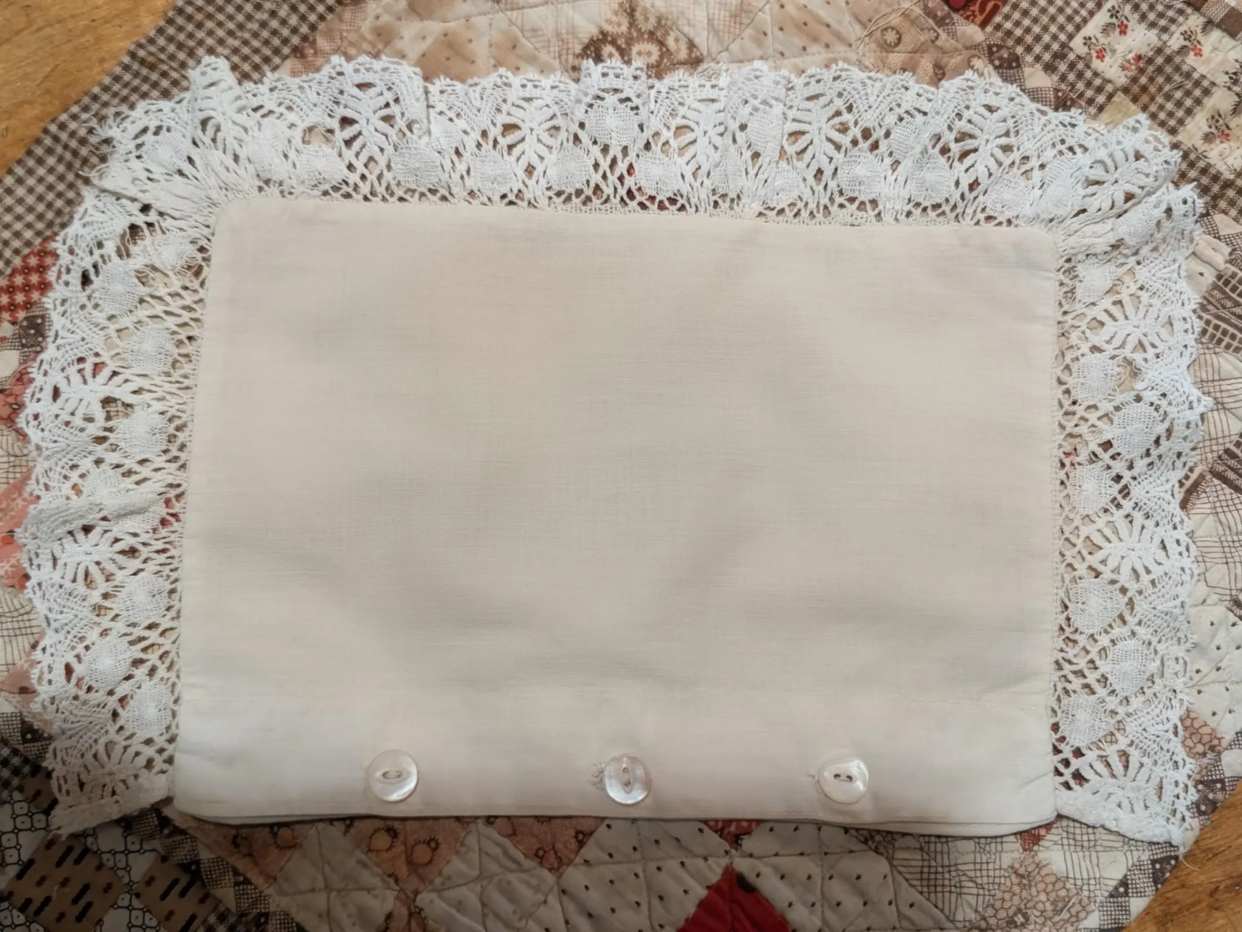 Vintage Doll Pillow Button Sham Bedding Home Sewn Lace Trim 1900's
