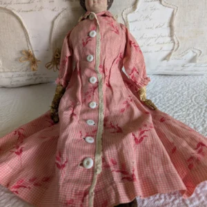 Antique Papier-Mâché Doll: 19th Century Calico Dress, Leather Arms