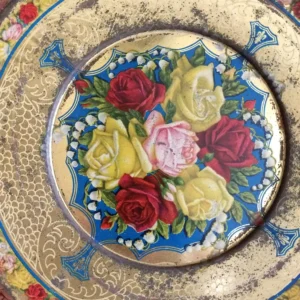Tin Toy Plate Lithograph Roses Antique Vintage Edwardian 1920's Play Dish Shabby Cottage