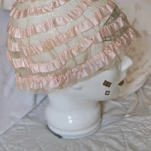 1920s Boudoir Bed Cap Lingerie Night Bonnet Pink Ribbon Vintage Tulle Net