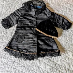 Antique Victorian Black Taffeta Doll Coat Velvet Tam Hat Lace Trim Pockets Blue Lined 1890s