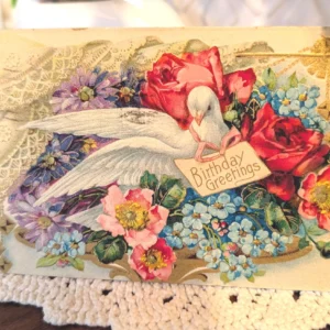 Lithograph Postcard Embossed Die Cut Germany Happy Birthday Greeting Flowers Dove 1910s