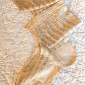 Antique Victorian Lace Mesh Stockings c1895–1910 Edwardian Ladies Openwork Hosiery Tan Cotton Silk