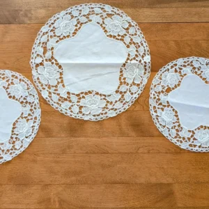 1930s Floral Chemical Lace Doily Set, White Linen Centers, Antique Console Decor