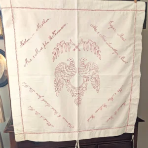 Antique Redwork Turkey Red Pillow Sham c1900 – Victorian Friendship or Wedding Gift, Heraldic Birds