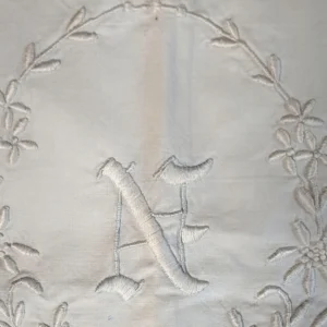 Edwardian Monogram N Pillow Sham Blue Silk Ribbon Rosettes Hand Embroidered Floral Wreath 1900-1915