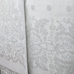 Victorian Towel White Floral Dots Linen Damask Hand Knotted Fringe Unused For Washstand