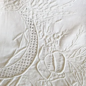 Antique Italian Shams Pair Layover Pillow Bedding Edwardian c1900 Lovebirds Drawnwork Raised Whitework Embroidery