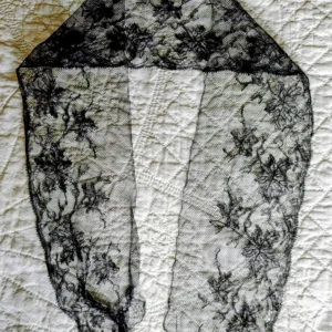 Antique Victorian Black Chantilly Style Lace Collar Tie, Oak Leaf Acorn Motif Mourning Scarf