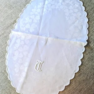 Antique Clover Border White Linen Oval Doily Monogram D Scalloped Edge Spring Table Decor