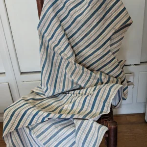 Antique Early 1900s Mattress Ticking Fabric Remnant Blue Red Stripe Cotton Primitive Textile