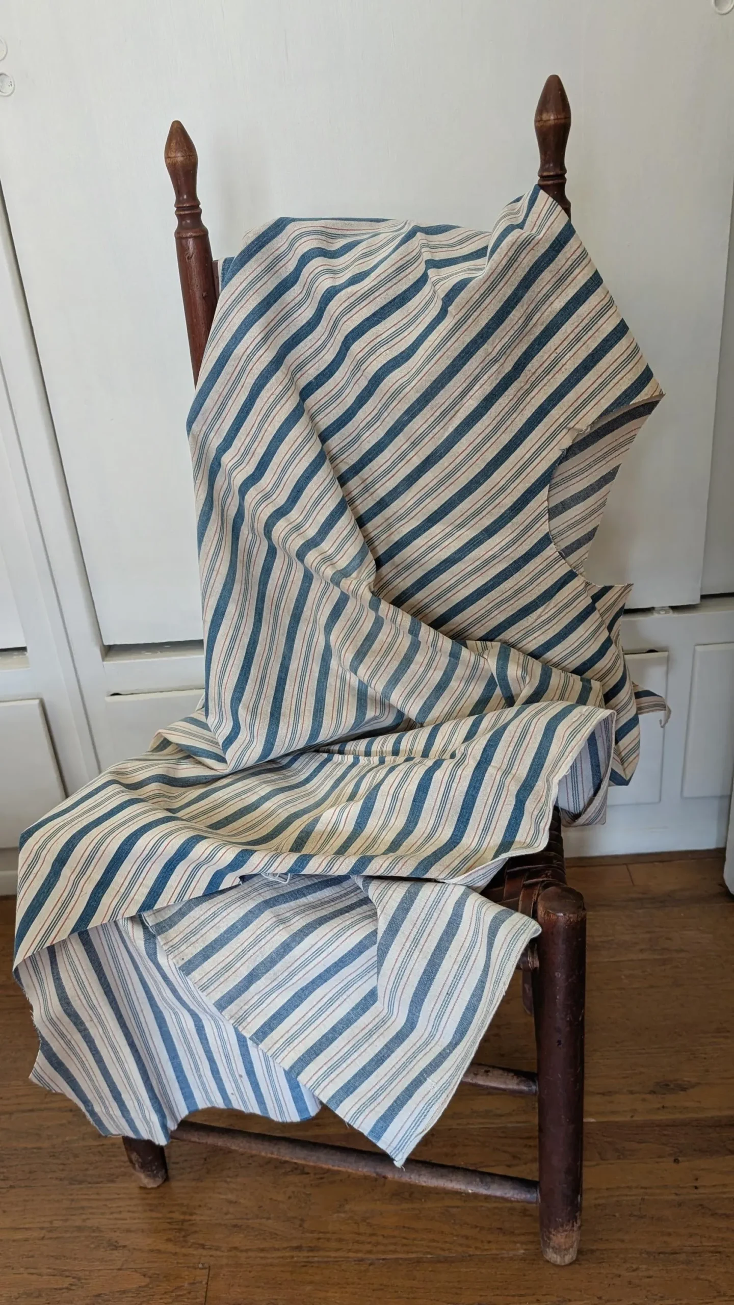 Antique Early 1900s Mattress Ticking Fabric Remnant Blue Red Stripe Cotton Primitive Textile