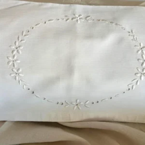 Antique Baby Pillow Cover White Piqué Embroidered Floral Wreath, Vintage Pram Nursery Sham 1930s
