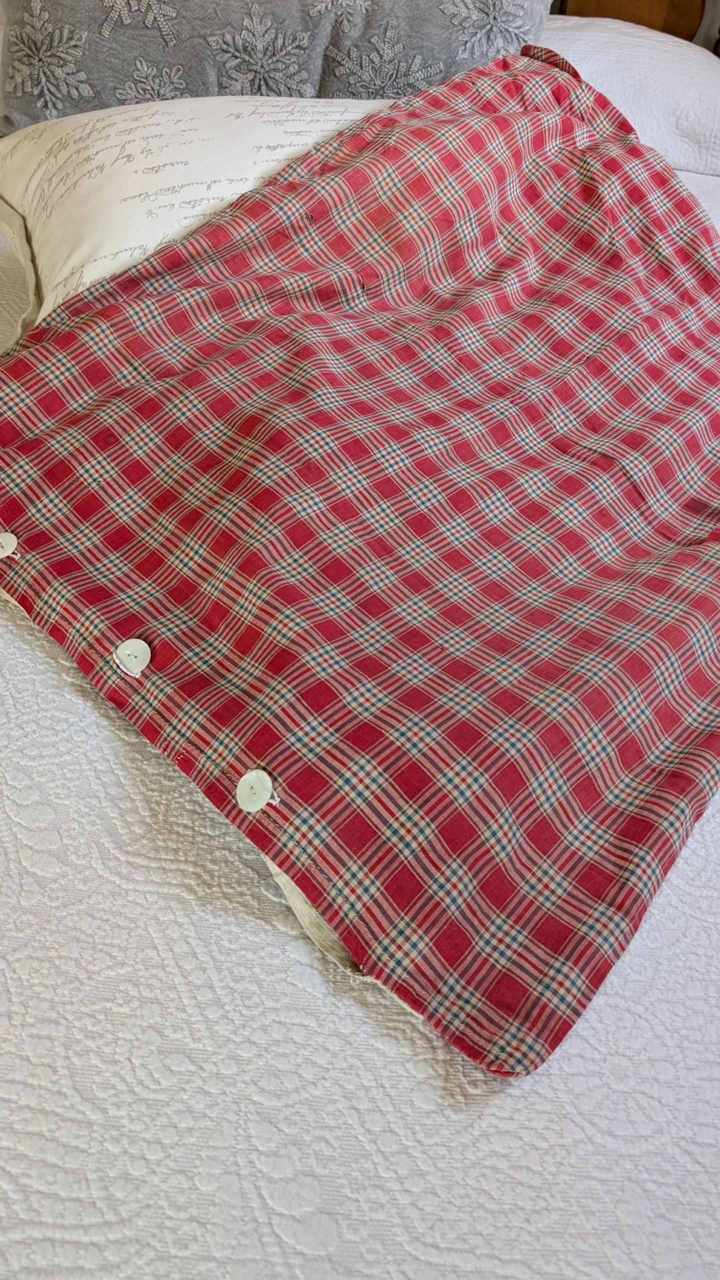 Antique Red Plaid Homespun Pillow Sham, Handstitched Linen Back, 1800s Primitive Textile, Farmhouse Bedding