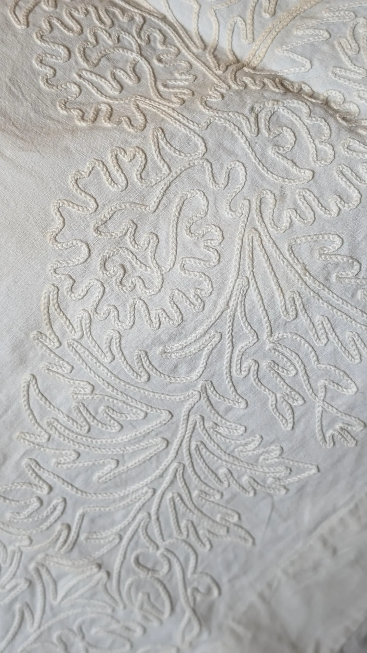 Antique Victorian Sham Tambour Embroidered Pillow, Whitework Wreath Cover, 1800s Cotton Layover