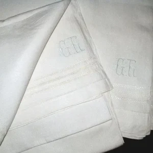 Antique Linen Twin Bed Sheets: Edwardian Trousseau Pair, Drawnwork Embroidery Monogram GL